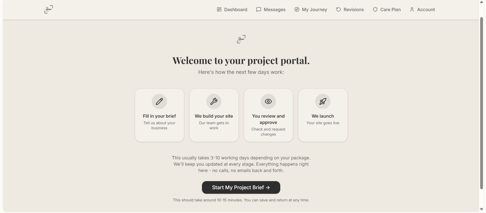 The Rebuild Co client portal — welcome screen with project journey steps